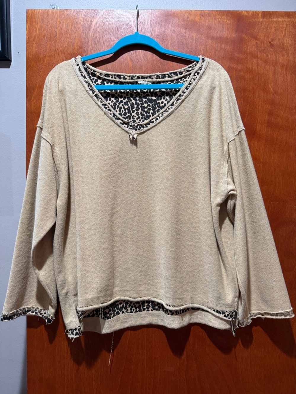 POL Beige Pullover Sweater with Leopard Trim